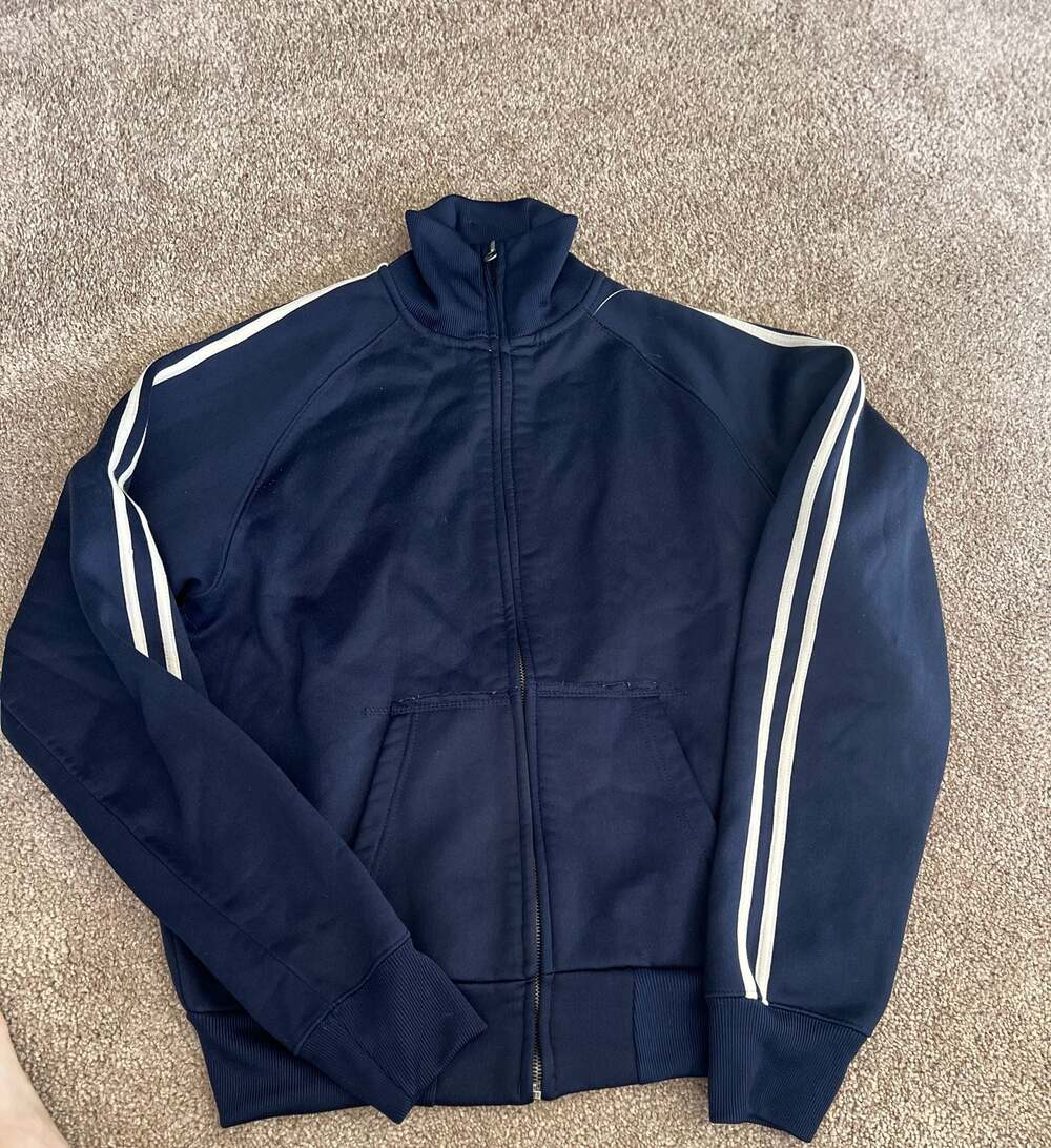 Vintage Steve & Barry's Navy Blue Track Jacket with White Side Stripes Size M